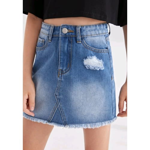 Girls Elastic Waist Raw Hem Distressed Denim Jeans Skirt - Blue
