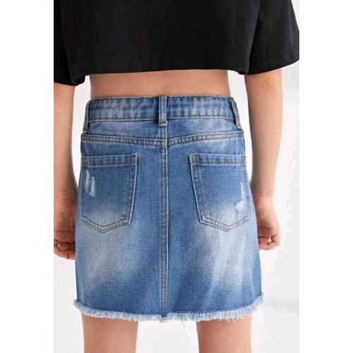 Girls Elastic Waist Raw Hem Distressed Denim Jeans Skirt - Blue
