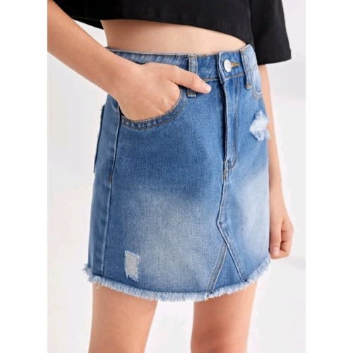 Girls Elastic Waist Raw Hem Distressed Denim Jeans Skirt - Blue
