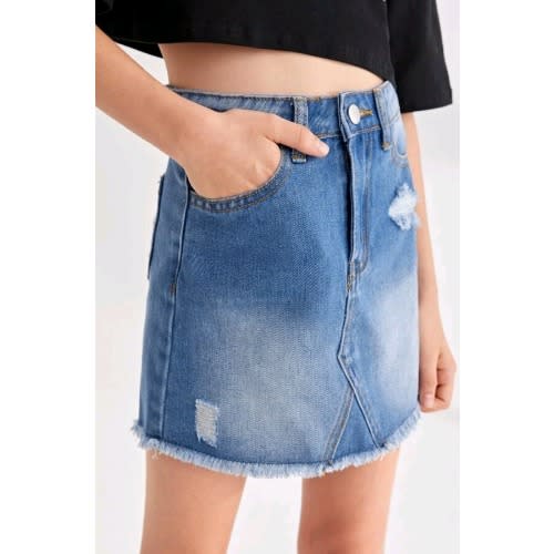 Girls Elastic Waist Raw Hem Distressed Denim Jeans Skirt - Blue