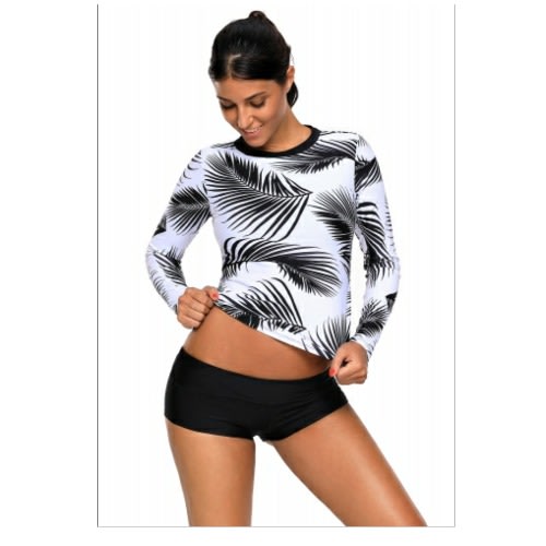 Tropical Leaf Print Long Sleeve Rashguard Swim Top