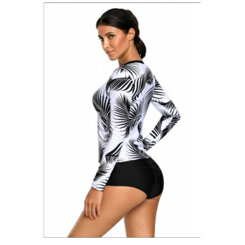Tropical Leaf Print Long Sleeve Rashguard Swim Top