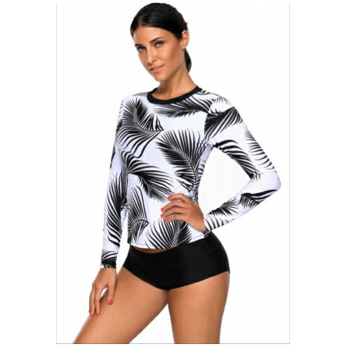 Tropical Leaf Print Long Sleeve Rashguard Swim Top