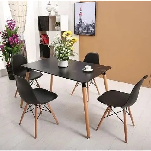 Wooden Leg Dining Table And 4 Chair Set - Black