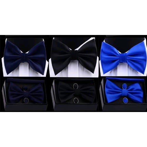 Silky Bow Tie Pocket Square And Cufflinks - Navy Blue, Black,royal Blue - Set Of 3