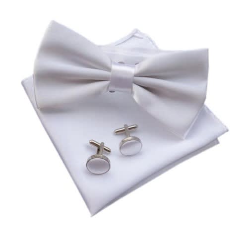 Silky Bowtie Pocket Square And Cufflinks - White