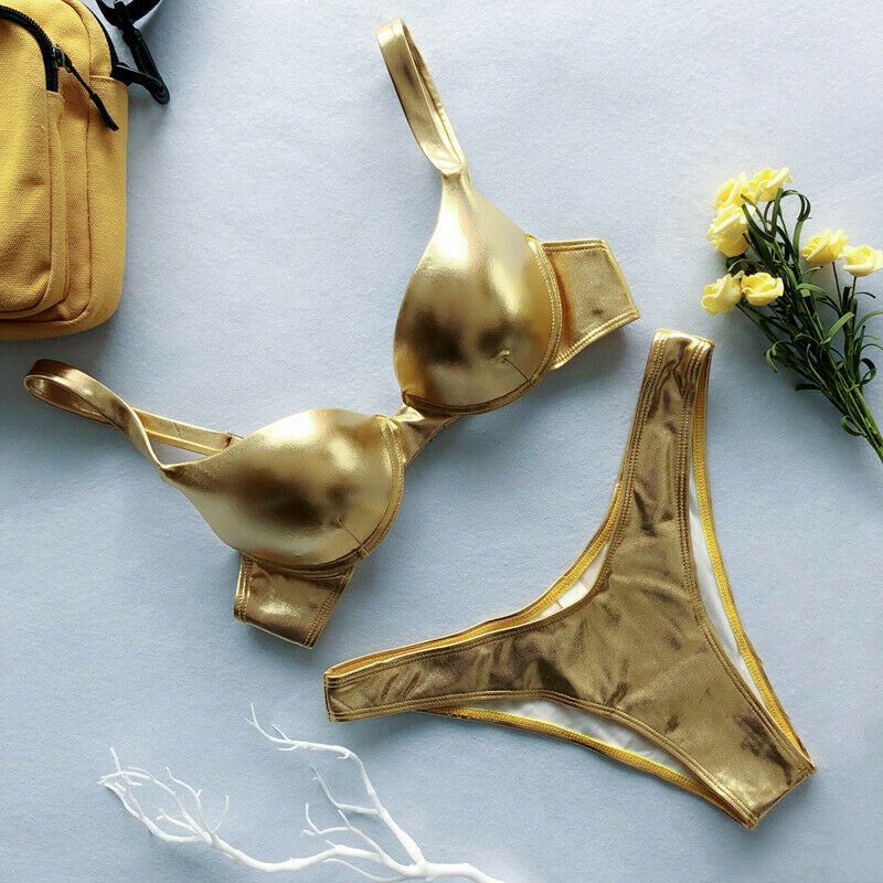 (Silver)Hot 2019 Women Swimwear Bikini PU Leather Two Piece  Shiny Bra Bandeau