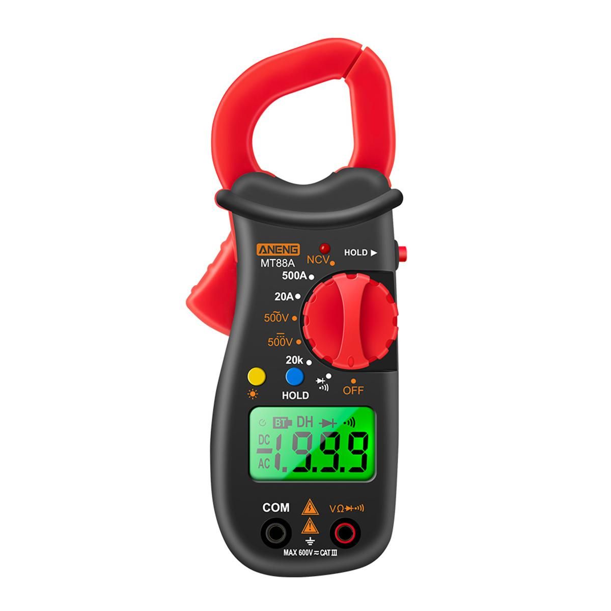 ANENG MT88A Clamp Meter Multimeter LCD Digital Universal Meter 1999 Counts Auto Range Handheld DC/AC Voltage Voltmeter 500A AC Current Ammeter Frequency Capacitance Tester NCV Test Data Hold Green Backlit Screen
