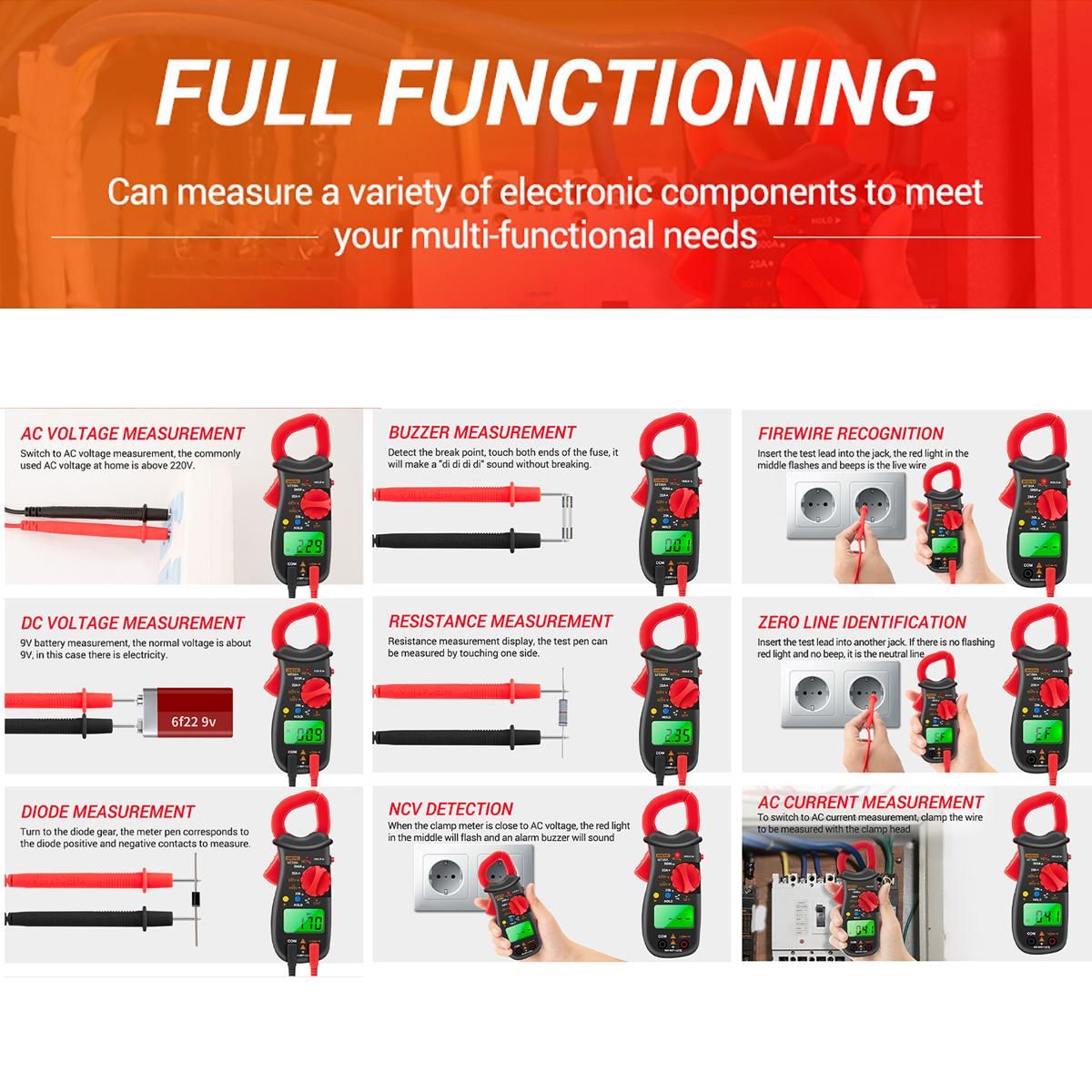 ANENG MT88A Clamp Meter Multimeter LCD Digital Universal Meter 1999 Counts Auto Range Handheld DC/AC Voltage Voltmeter 500A AC Current Ammeter Frequency Capacitance Tester NCV Test Data Hold Green Backlit Screen