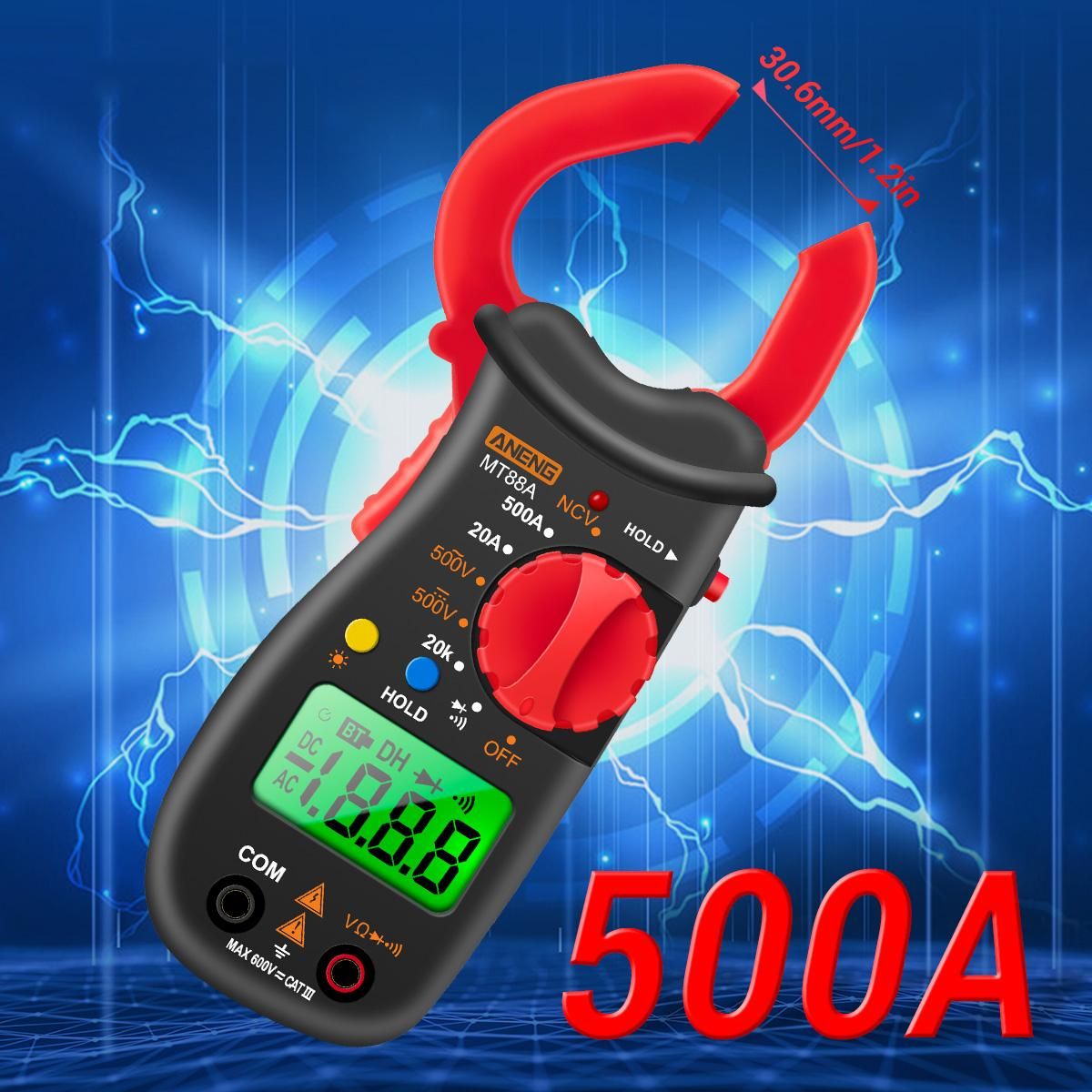 ANENG MT88A Clamp Meter Multimeter LCD Digital Universal Meter 1999 Counts Auto Range Handheld DC/AC Voltage Voltmeter 500A AC Current Ammeter Frequency Capacitance Tester NCV Test Data Hold Green Backlit Screen