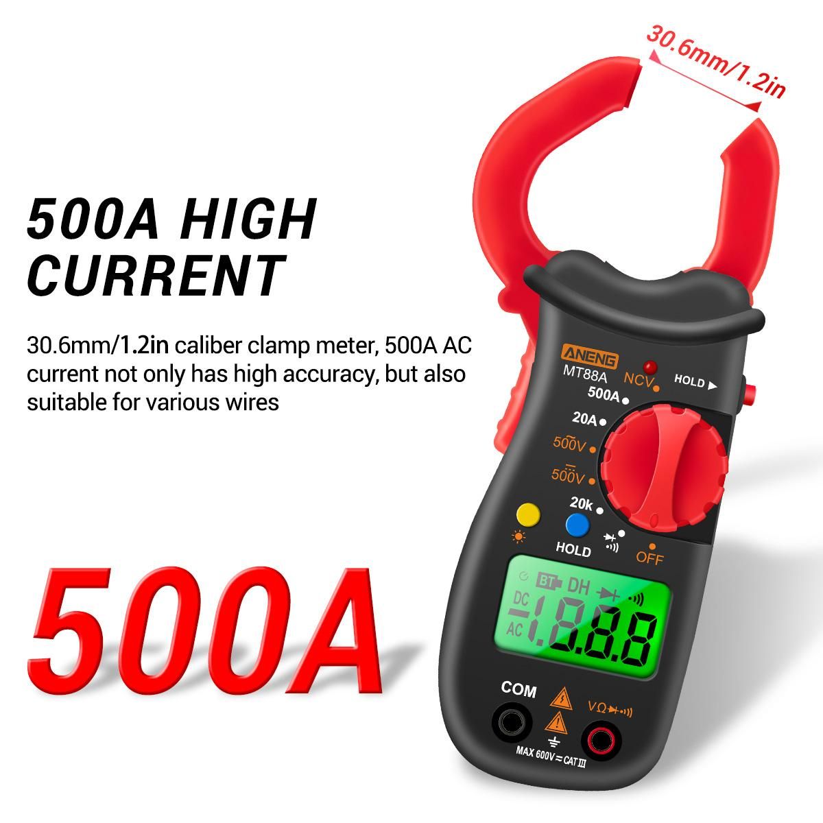 ANENG MT88A Clamp Meter Multimeter LCD Digital Universal Meter 1999 Counts Auto Range Handheld DC/AC Voltage Voltmeter 500A AC Current Ammeter Frequency Capacitance Tester NCV Test Data Hold Green Backlit Screen