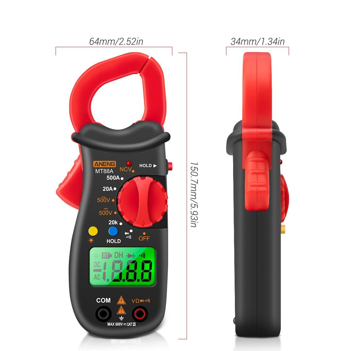ANENG MT88A Clamp Meter Multimeter LCD Digital Universal Meter 1999 Counts Auto Range Handheld DC/AC Voltage Voltmeter 500A AC Current Ammeter Frequency Capacitance Tester NCV Test Data Hold Green Backlit Screen