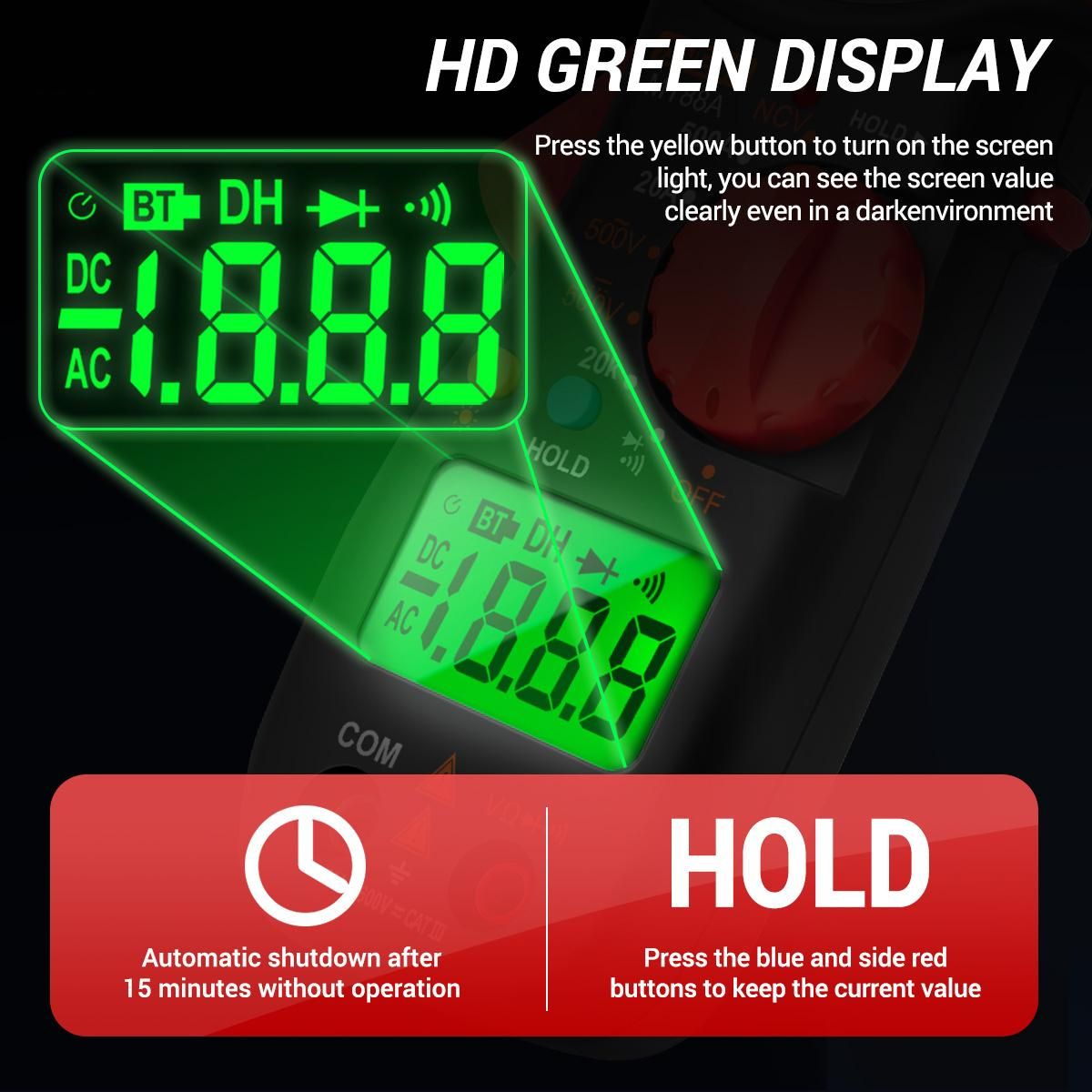 ANENG MT88A Clamp Meter Multimeter LCD Digital Universal Meter 1999 Counts Auto Range Handheld DC/AC Voltage Voltmeter 500A AC Current Ammeter Frequency Capacitance Tester NCV Test Data Hold Green Backlit Screen
