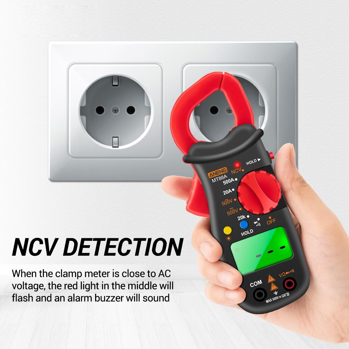 ANENG MT88A Clamp Meter Multimeter LCD Digital Universal Meter 1999 Counts Auto Range Handheld DC/AC Voltage Voltmeter 500A AC Current Ammeter Frequency Capacitance Tester NCV Test Data Hold Green Backlit Screen