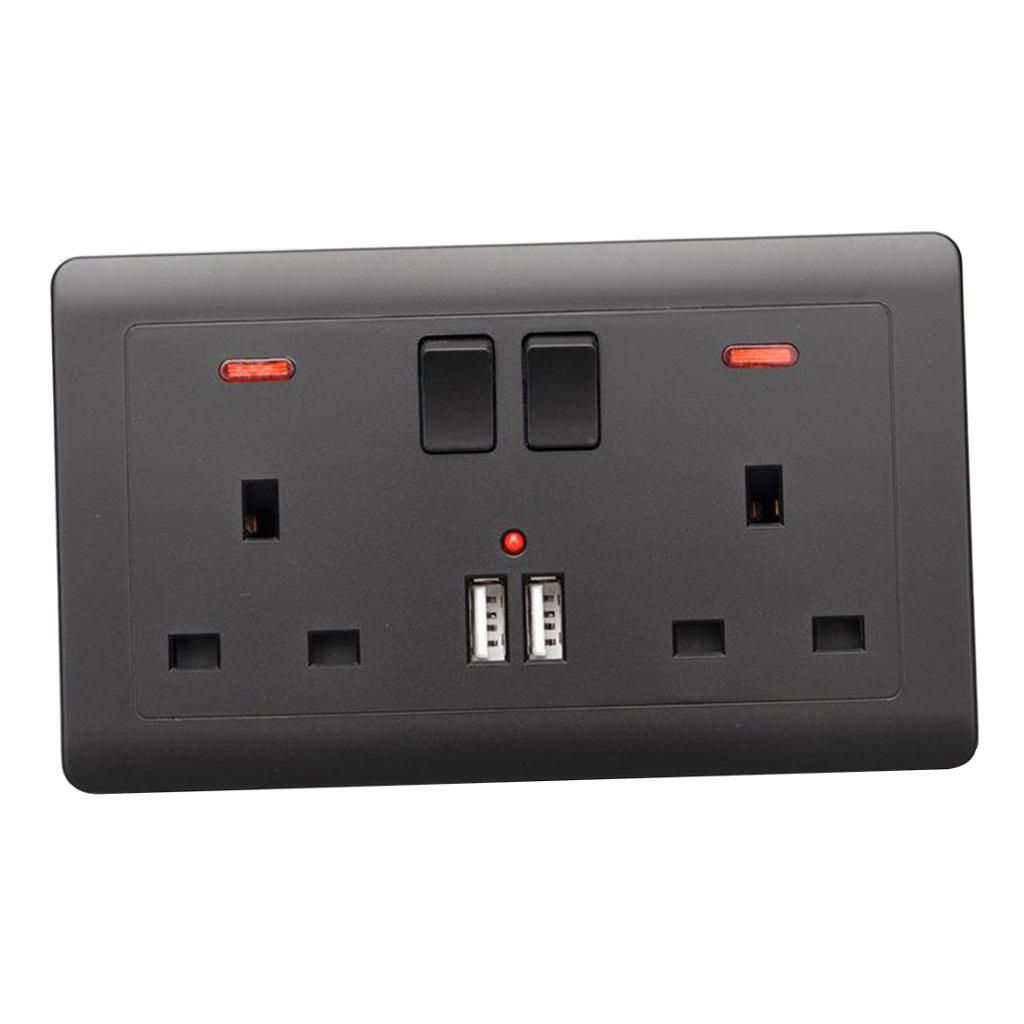 Double Wall Switch UK Plug Socket 2 Gang 13A W/ 2 USB Charger Outlet
