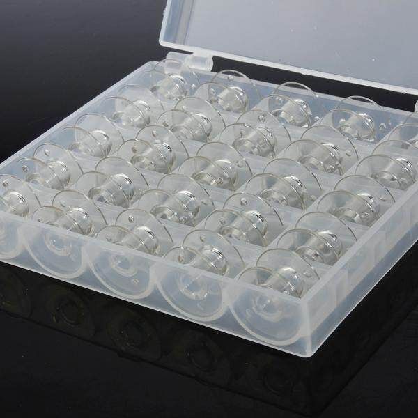 25 Empty Clear Bobbins Plastic Case Storage Box Sewing Machine Spools Brother