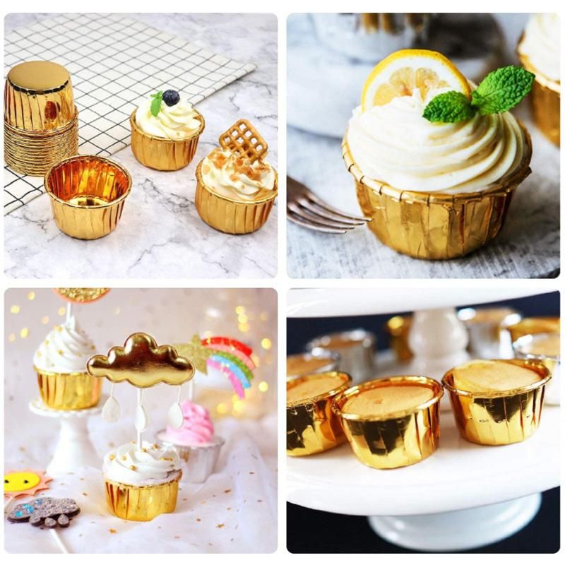 50Pcs Aluminum Foil Cupcake Cups Disposable Muffin Liners Baking Cups Aluminum Cupcake Tip Pan Ramekin Holders Little Pudding Cups-Gold