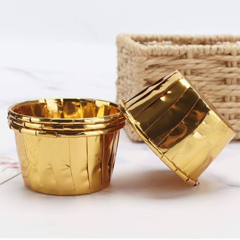50Pcs Aluminum Foil Cupcake Cups Disposable Muffin Liners Baking Cups Aluminum Cupcake Tip Pan Ramekin Holders Little Pudding Cups-Gold