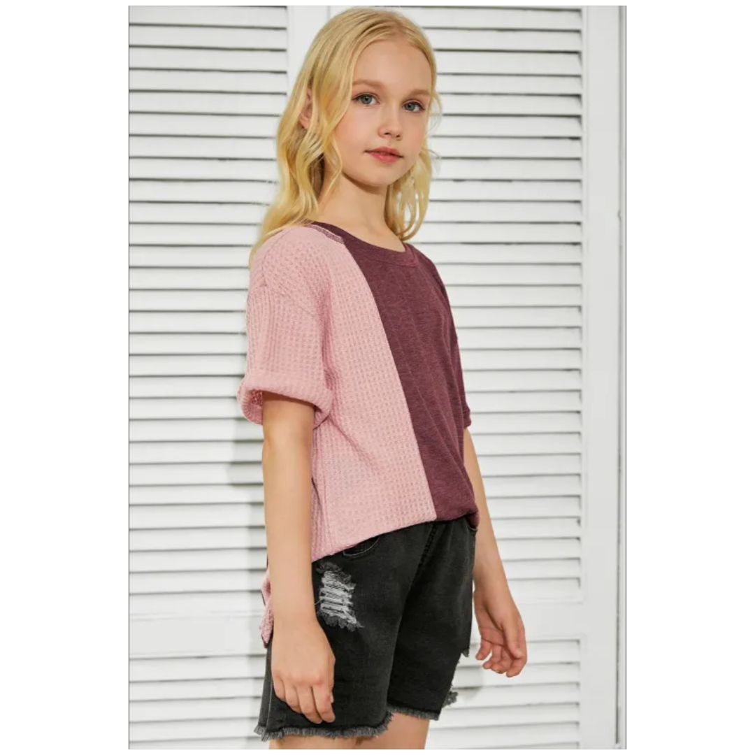 Mfed Red Girls Mix Waffle Textured Short Top