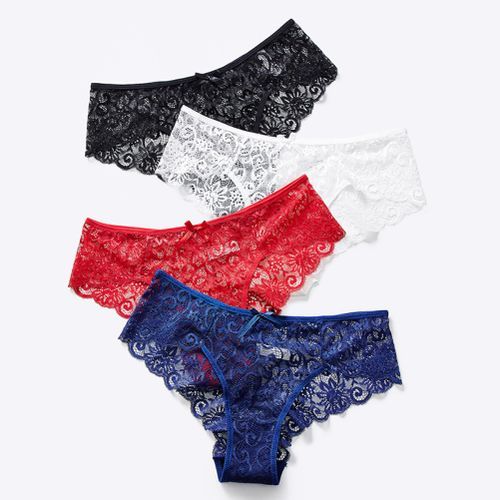 2PCS Ladies Solid Color Mid-waist Lace Briefs Panties-White