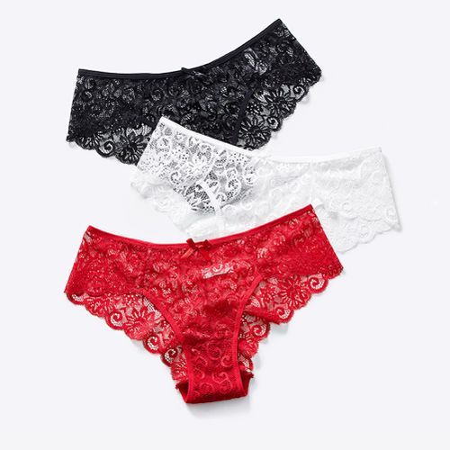2PCS Ladies Solid Color Mid-waist Lace Briefs Panties-White