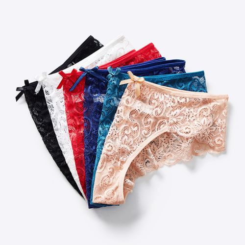 2PCS Ladies Solid Color Mid-waist Lace Briefs Panties-White