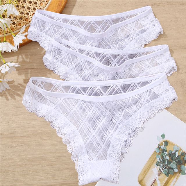Sexy Floral Lace Mesh Women's Panties Female Hollow Out Briefs Transparent Low Rise Underwear Ladies Big Size M_2XL(#Set 3)