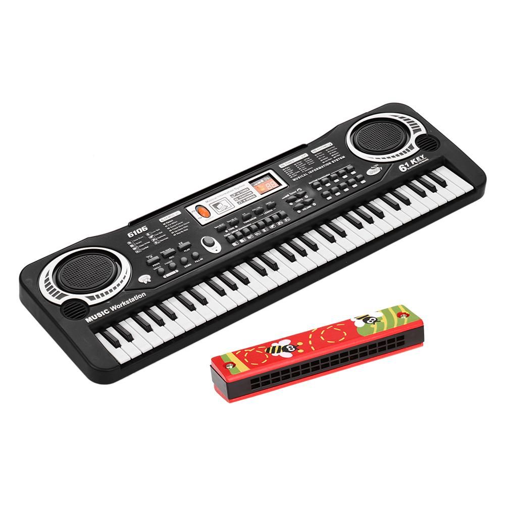 61 Keys Electronic Digital Piano Keyboard with Dual Speakers Microphone USB/Battery Powered + Tremolo Harmonica 16 Holes Kids Musical Instrument Educational Toy Wooden Cover Colorful Free Reed Wind Instrument