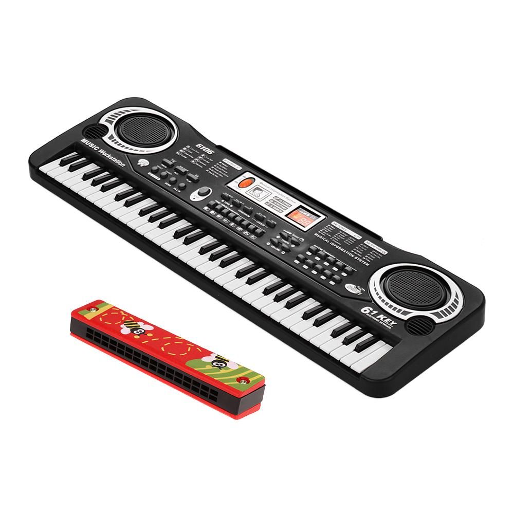 61 Keys Electronic Digital Piano Keyboard with Dual Speakers Microphone USB/Battery Powered + Tremolo Harmonica 16 Holes Kids Musical Instrument Educational Toy Wooden Cover Colorful Free Reed Wind Instrument