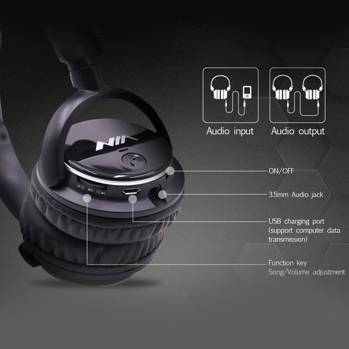 NIA Q1 Bluetooth Headphone Wireless Stereo Music Headset Over-ear TF Card FM Radio Foldable Wired Earphone with Microphone APP Control