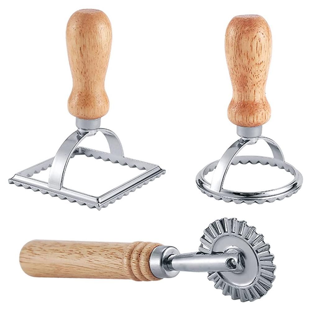 3Pcs Ravioli Stamp Maker  with Roller Wheel Set,Mold with Wooden Handle for Pasta,Dumplings Lasagna,Pies