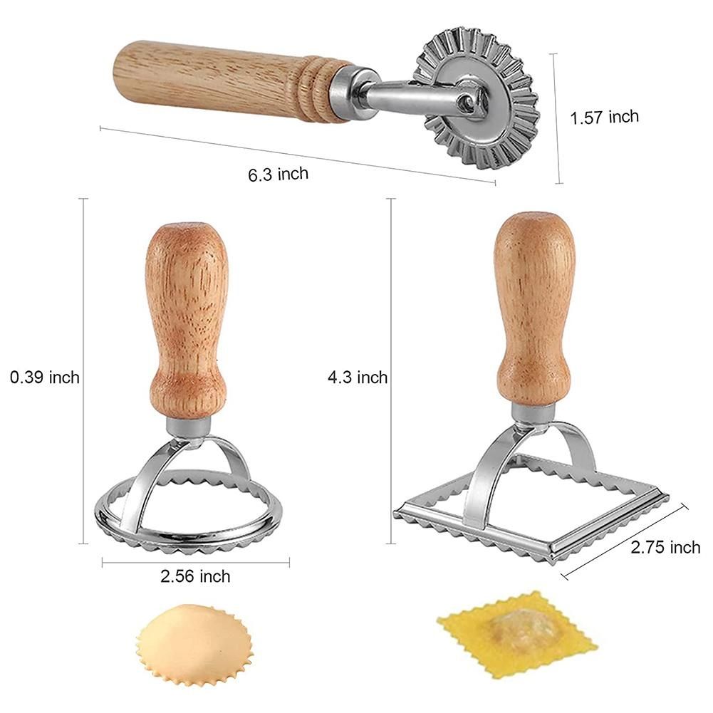 3Pcs Ravioli Stamp Maker  with Roller Wheel Set,Mold with Wooden Handle for Pasta,Dumplings Lasagna,Pies