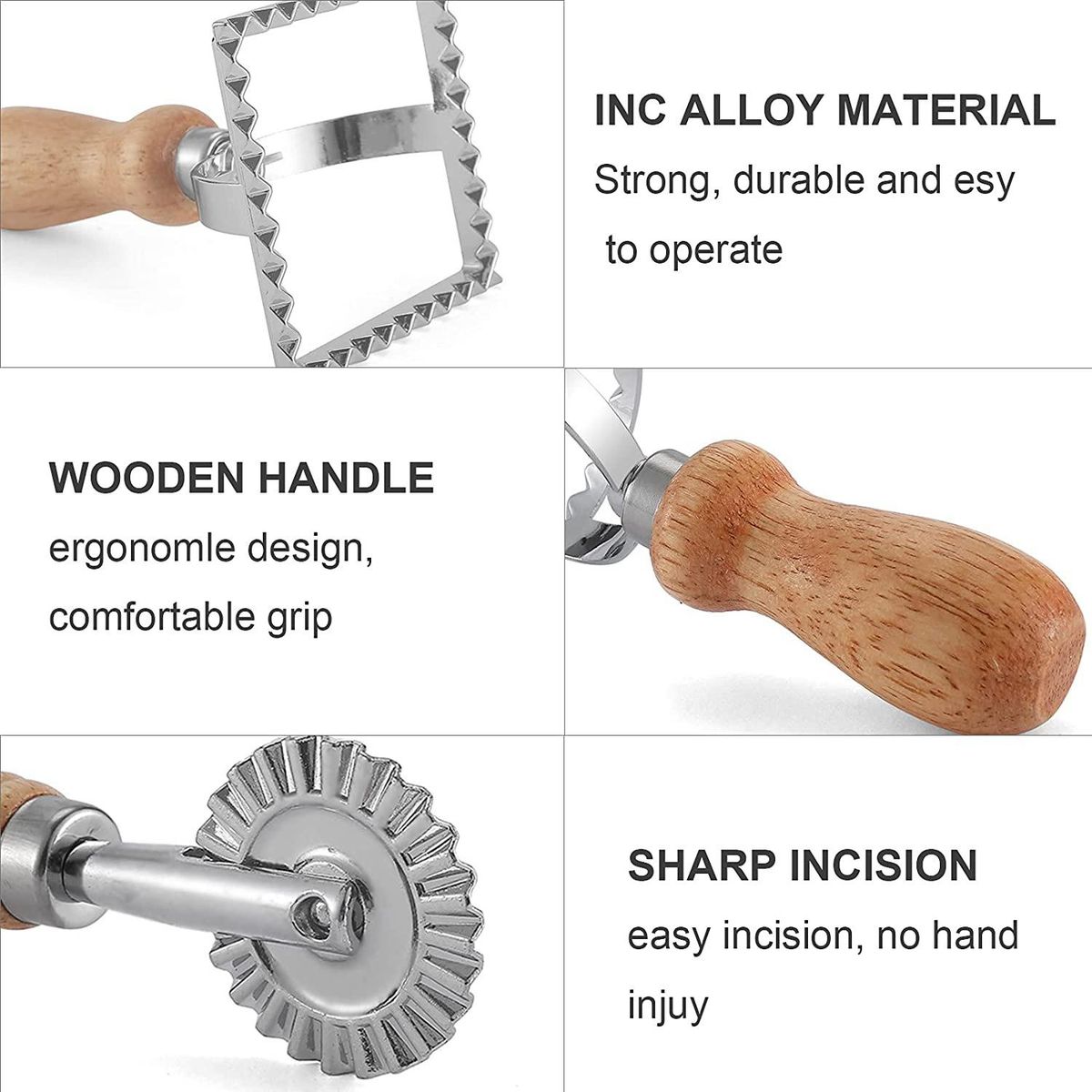 3Pcs Ravioli Stamp Maker  with Roller Wheel Set,Mold with Wooden Handle for Pasta,Dumplings Lasagna,Pies