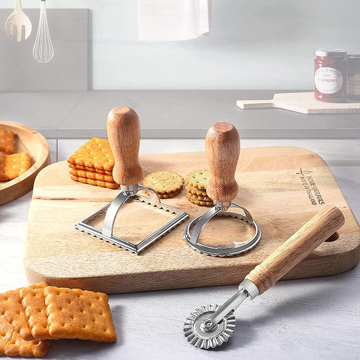3Pcs Ravioli Stamp Maker  with Roller Wheel Set,Mold with Wooden Handle for Pasta,Dumplings Lasagna,Pies