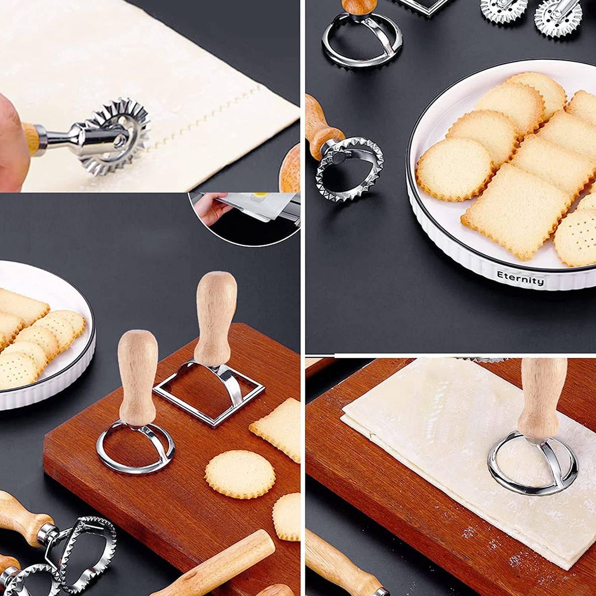3Pcs Ravioli Stamp Maker  with Roller Wheel Set,Mold with Wooden Handle for Pasta,Dumplings Lasagna,Pies