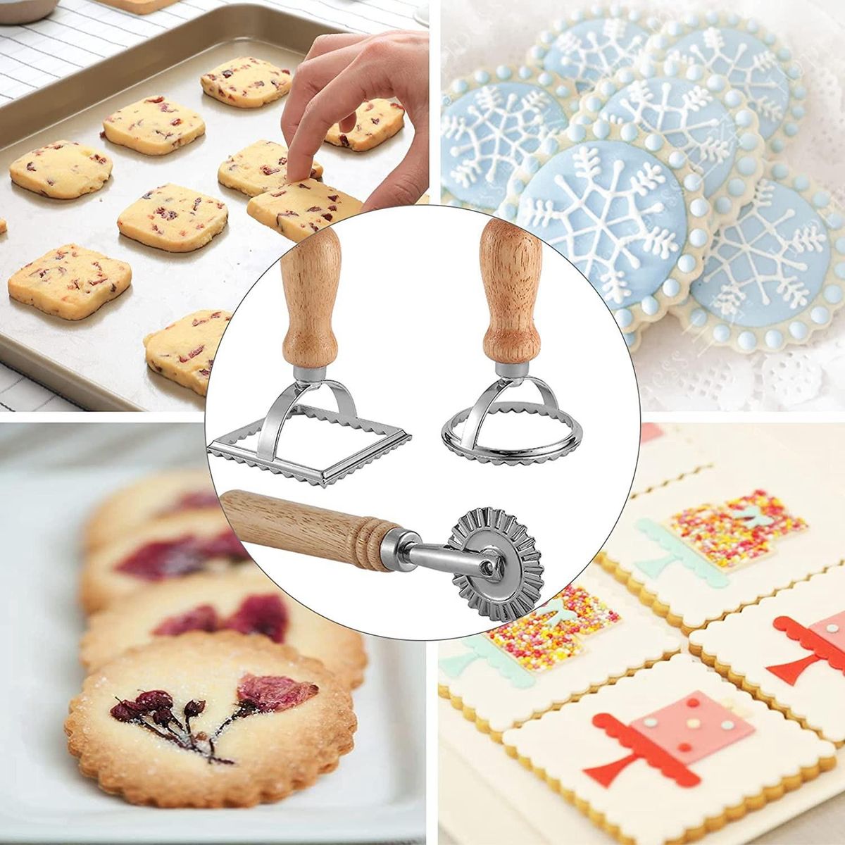 3Pcs Ravioli Stamp Maker  with Roller Wheel Set,Mold with Wooden Handle for Pasta,Dumplings Lasagna,Pies