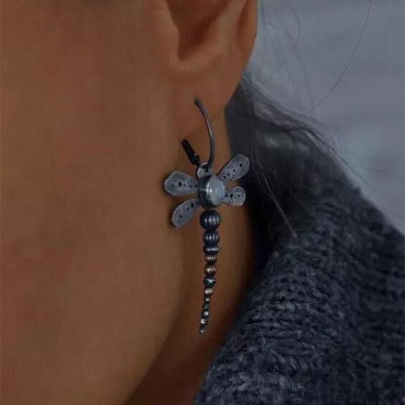 Vintage Dragonfly Earrings for Women Girl Cute Animal Jewelry Flying Insect Inlaid Moonstone Drop Dangle Earring Gift
