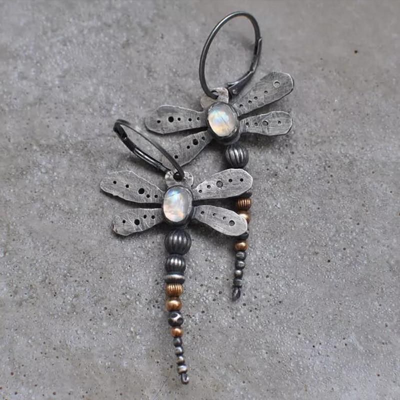 Vintage Dragonfly Earrings for Women Girl Cute Animal Jewelry Flying Insect Inlaid Moonstone Drop Dangle Earring Gift