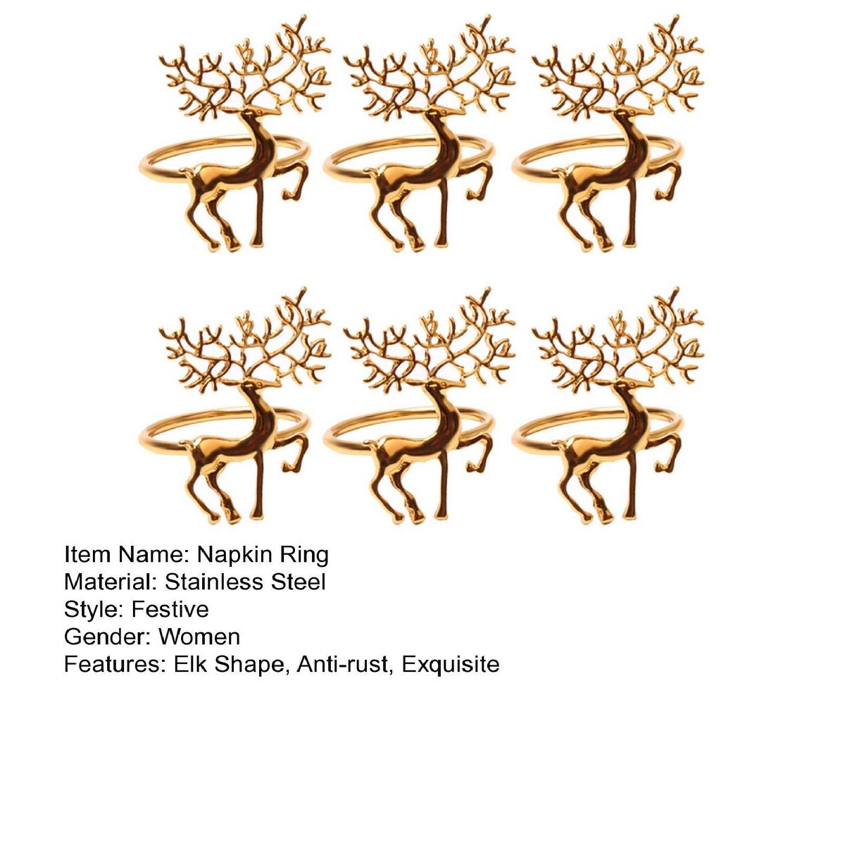 Nature Inspired Napkin Rings 6-piece Stainless Steel Elk for Christmas Golden