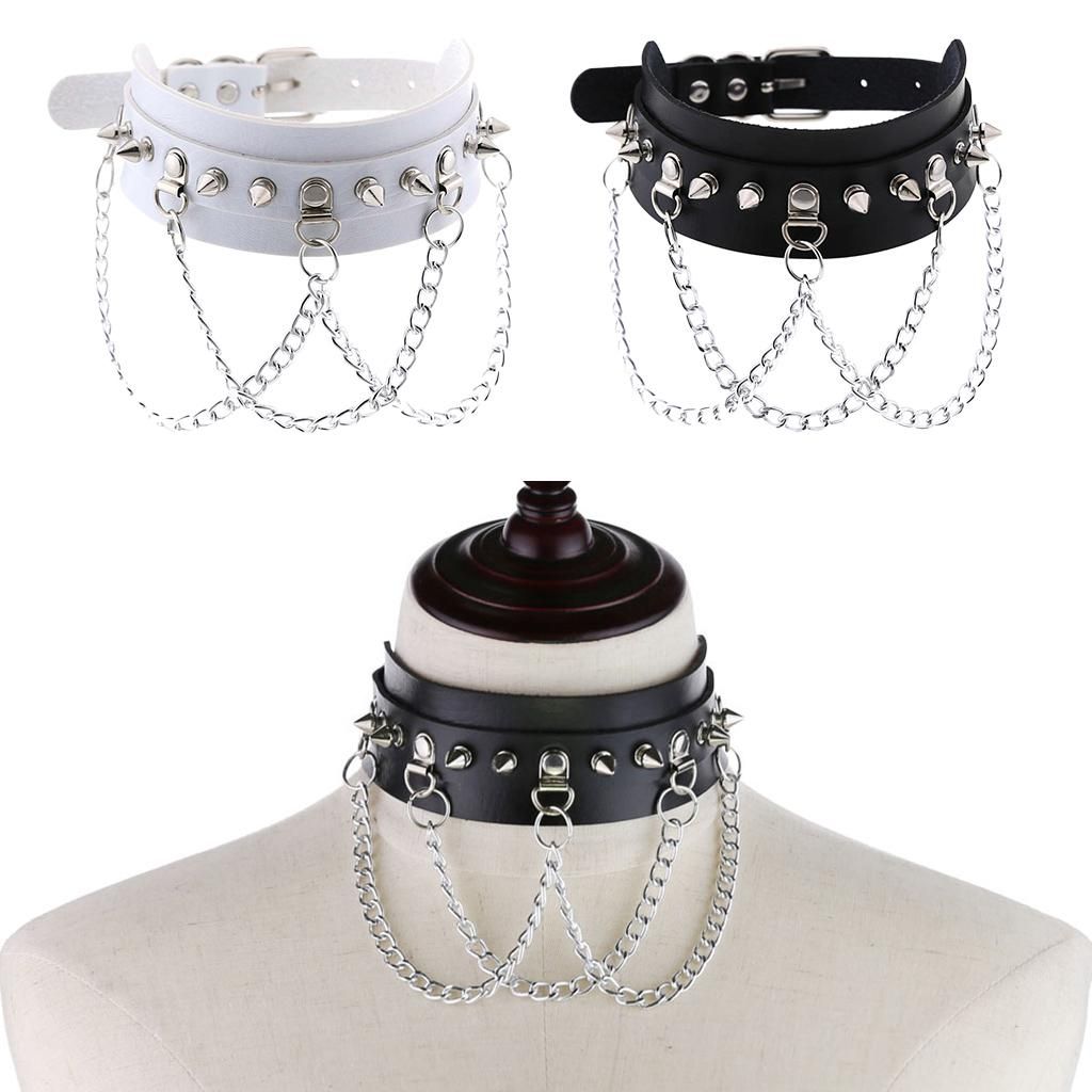 2Pcs Goth Pu Leather Choker Collar Women Men Studs Chains