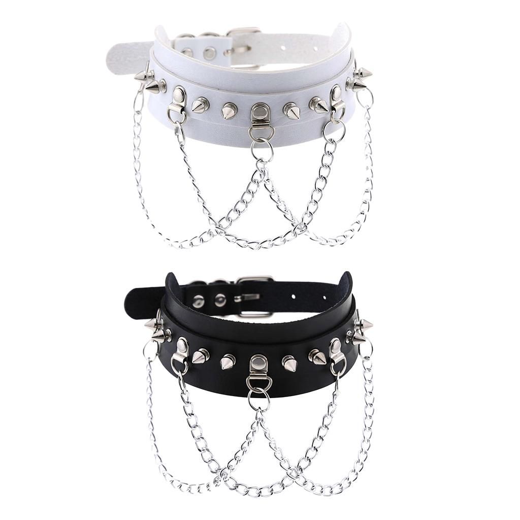 2Pcs Goth Pu Leather Choker Collar Women Men Studs Chains