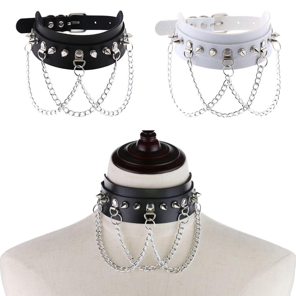 2Pcs Goth Pu Leather Choker Collar Women Men Studs Chains