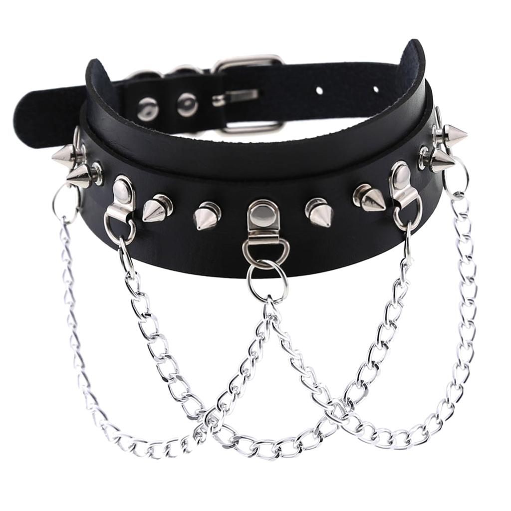 2Pcs Goth Pu Leather Choker Collar Women Men Studs Chains