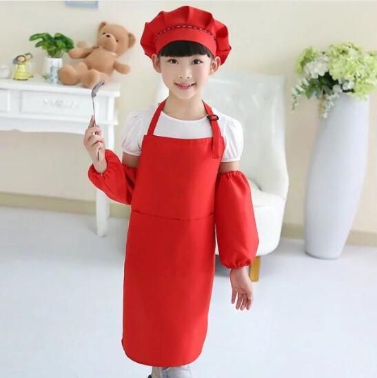 Children's Polyester Apron Painting Cooking Kids Baking Apron Set Chef Hat Print Logo Customized Smock Pinafore RED S