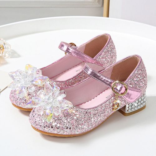 Girls' Single Sequined Flower Velcro Student Show Catwalk Low-heeled Shoes Pink