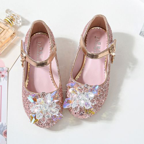 Girls' Single Sequined Flower Velcro Student Show Catwalk Low-heeled Shoes Pink