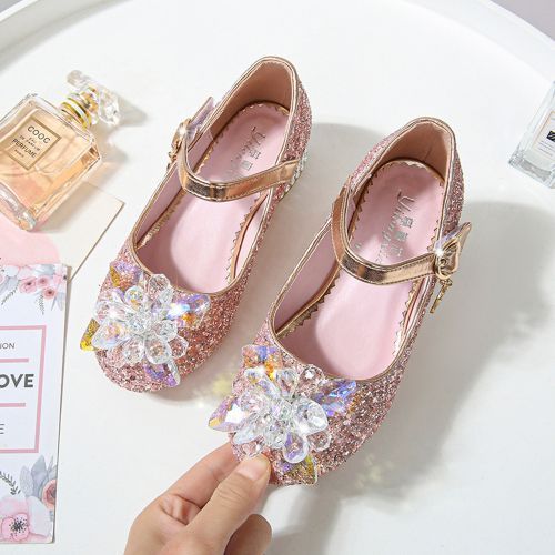 Girls' Single Sequined Flower Velcro Student Show Catwalk Low-heeled Shoes Pink