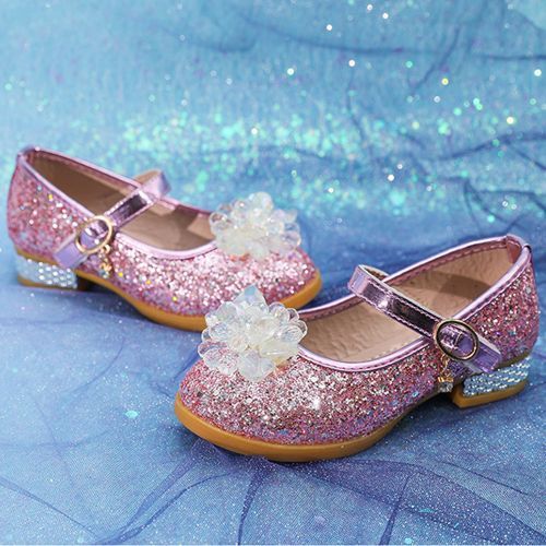 Girls' Single Sequined Flower Velcro Student Show Catwalk Low-heeled Shoes Pink