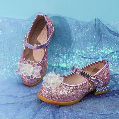 Girls' Single Sequined Flower Velcro Student Show Catwalk Low-heeled Shoes Pink
