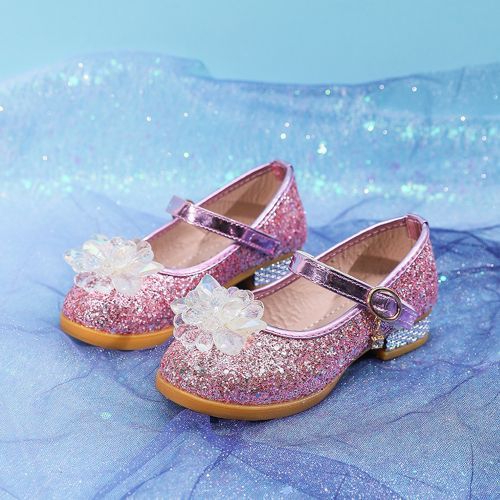 Girls' Single Sequined Flower Velcro Student Show Catwalk Low-heeled Shoes Pink